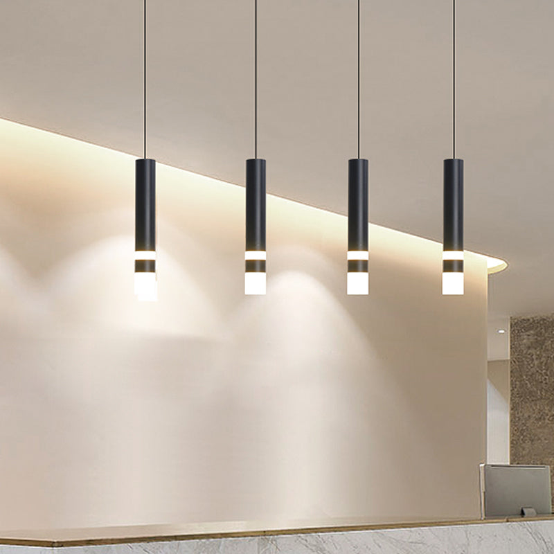Simple Black Tube Pendant Light with Acrylic LED, Warm/White Light, 3 Size Options
