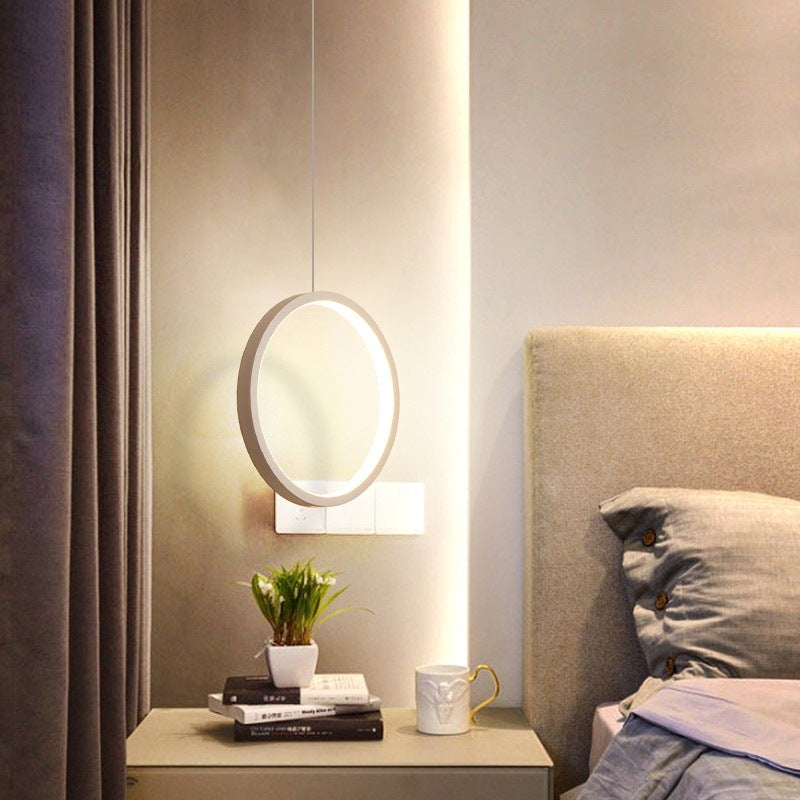 Simplistic Bedside Led Pendulum Light In Black/White With Acrylic Ring/Interlocked Ring Shade