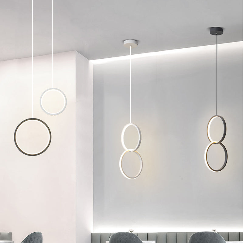 Simplistic Bedside Led Pendulum Light In Black/White With Acrylic Ring/Interlocked Ring Shade