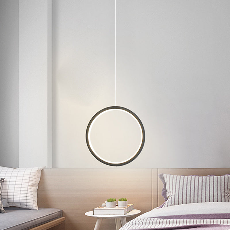 Simplistic Bedside Led Pendulum Light In Black/White With Acrylic Ring/Interlocked Ring Shade