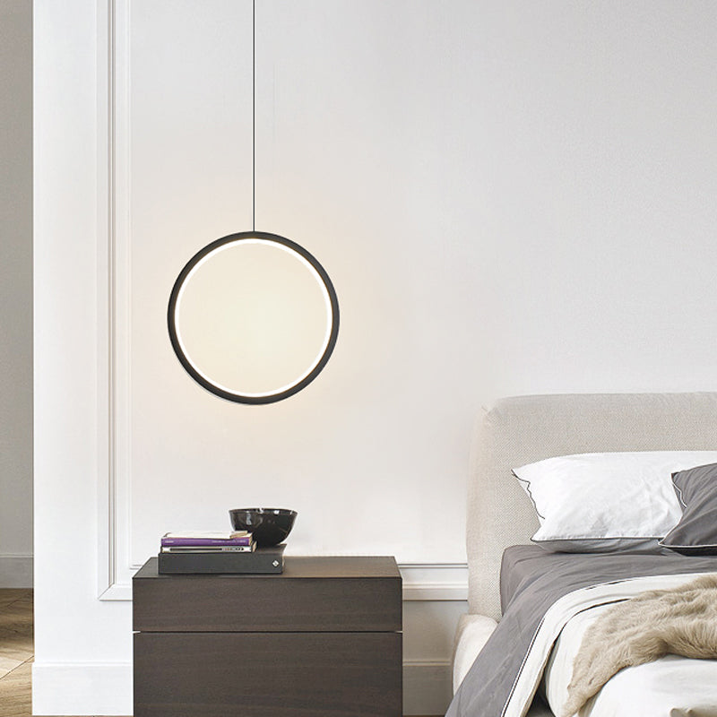 Simplistic Bedside Led Pendulum Light In Black/White With Acrylic Ring/Interlocked Ring Shade