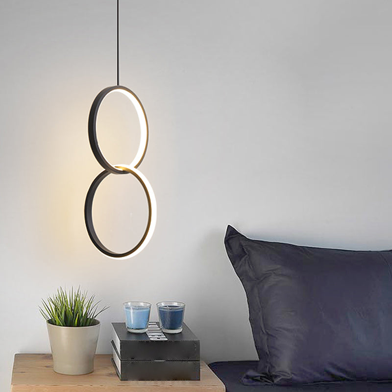 Simplistic Bedside Led Pendulum Light In Black/White With Acrylic Ring/Interlocked Ring Shade