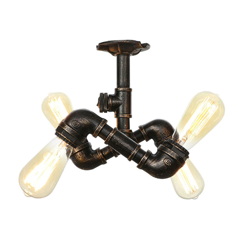 Vintage Water Pipe Metal Semi Flush Mount Ceiling Light Fixture - Antique Brass/Silver/Bronze, 3/4 Lights, Indoor