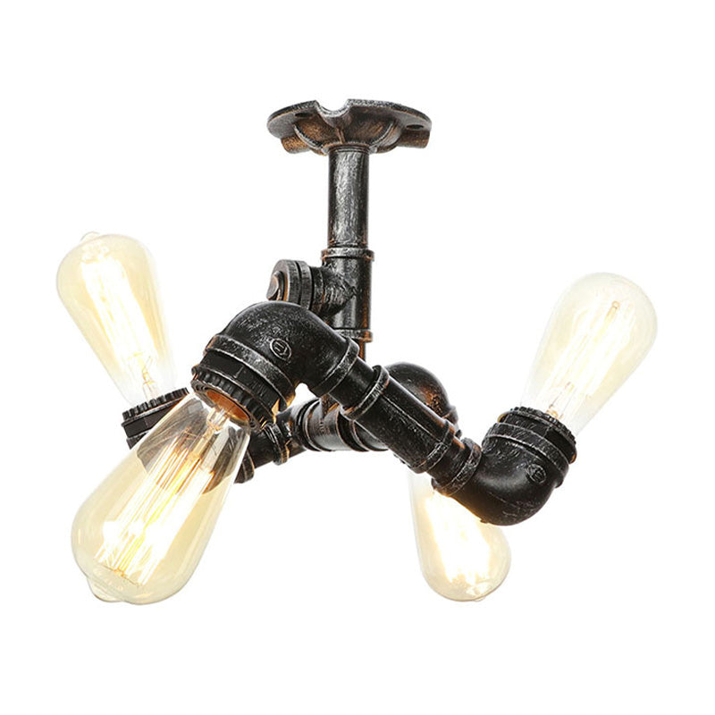Vintage Water Pipe Metal Semi Flush Mount Ceiling Light Fixture - Antique Brass/Silver/Bronze, 3/4 Lights, Indoor