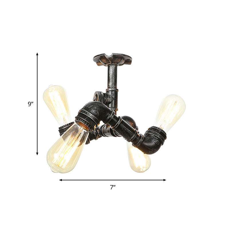 Vintage Water Pipe Metal Semi Flush Mount Ceiling Light Fixture - Antique Brass/Silver/Bronze, 3/4 Lights, Indoor