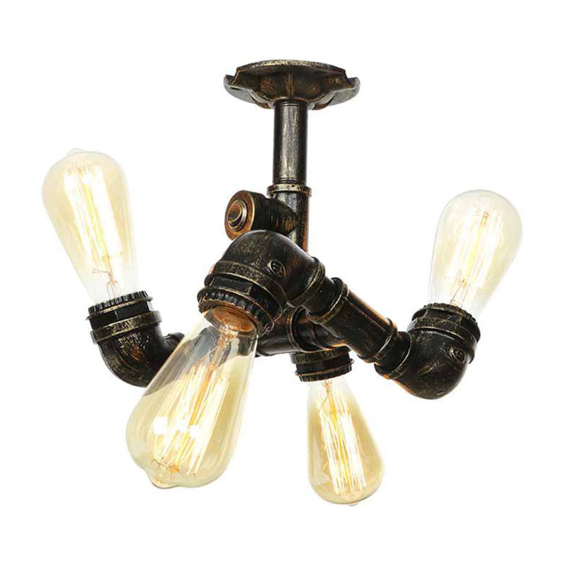 Vintage Water Pipe Metal Semi Flush Mount Ceiling Light Fixture - Antique Brass/Silver/Bronze, 3/4 Lights, Indoor