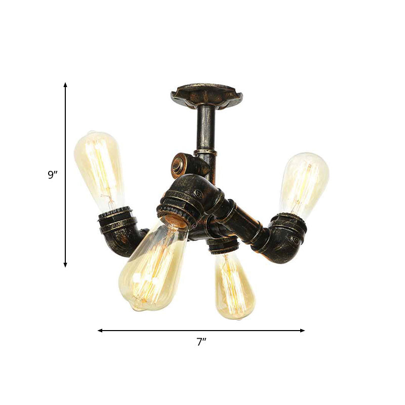 Vintage Water Pipe Metal Semi Flush Mount Ceiling Light Fixture - Antique Brass/Silver/Bronze 3/4