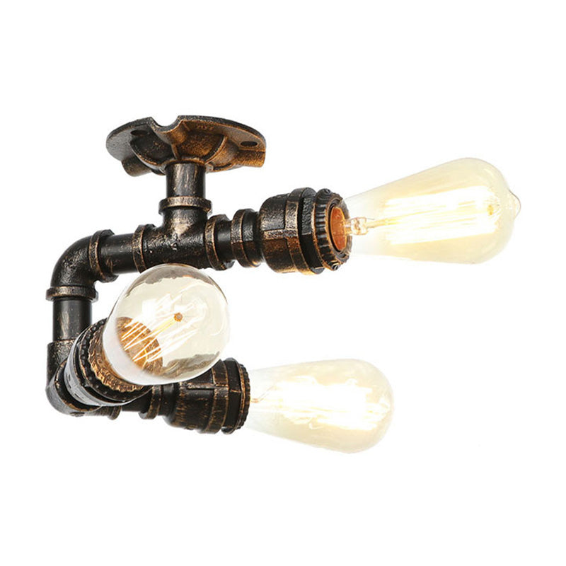 Vintage Water Pipe Metal Semi Flush Mount Ceiling Light Fixture - Antique Brass/Silver/Bronze, 3/4 Lights, Indoor