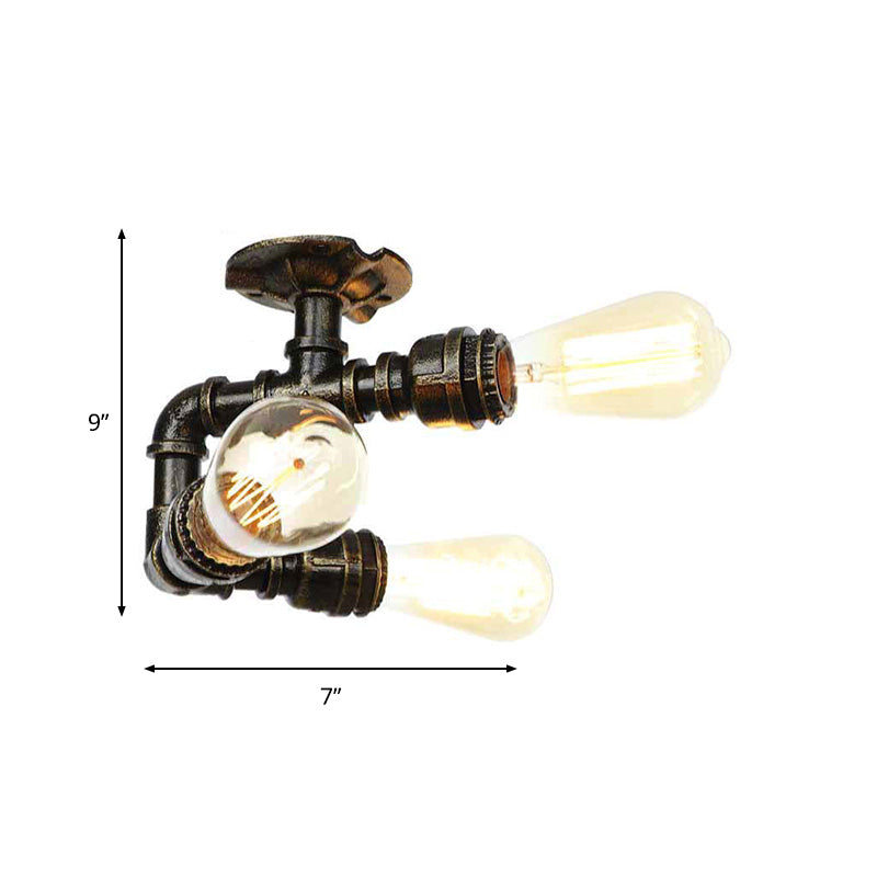 Vintage Water Pipe Metal Semi Flush Mount Ceiling Light Fixture - Antique Brass/Silver/Bronze, 3/4 Lights, Indoor