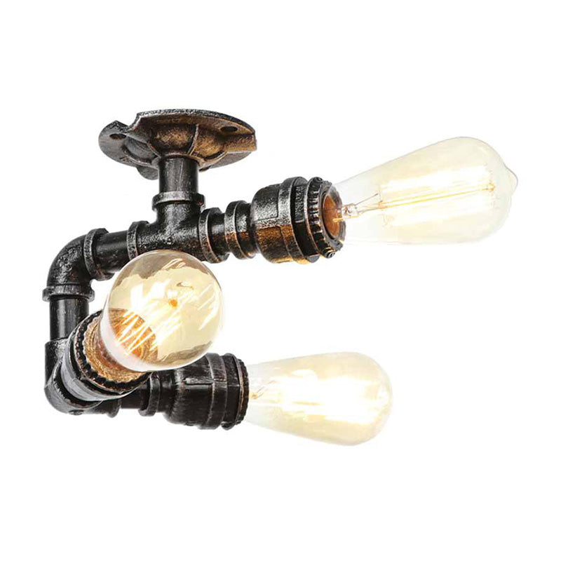 Vintage Water Pipe Metal Semi Flush Mount Ceiling Light Fixture - Antique Brass/Silver/Bronze, 3/4 Lights, Indoor
