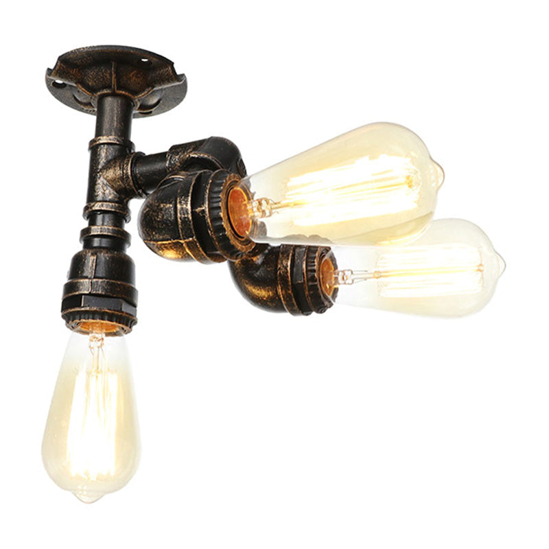 Vintage Water Pipe Metal Semi Flush Mount Ceiling Light Fixture - Antique Brass/Silver/Bronze, 3/4 Lights, Indoor