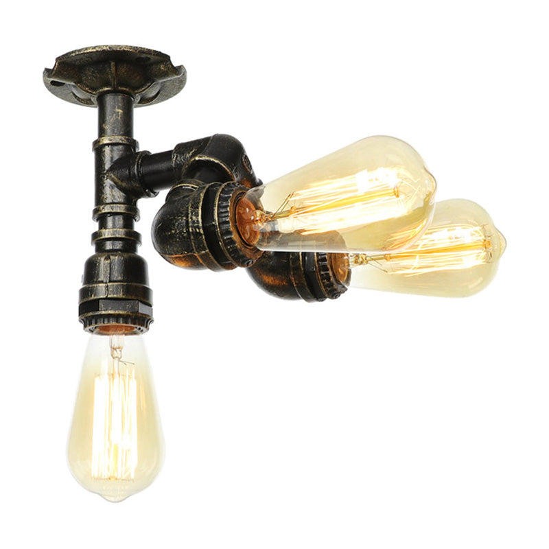 Vintage Water Pipe Metal Semi Flush Mount Ceiling Light Fixture - Antique Brass/Silver/Bronze, 3/4 Lights, Indoor