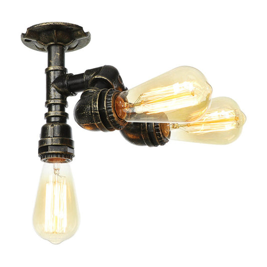 Vintage Water Pipe Metal Semi Flush Mount Ceiling Light Fixture - Antique Brass/Silver/Bronze, 3/4 Lights, Indoor