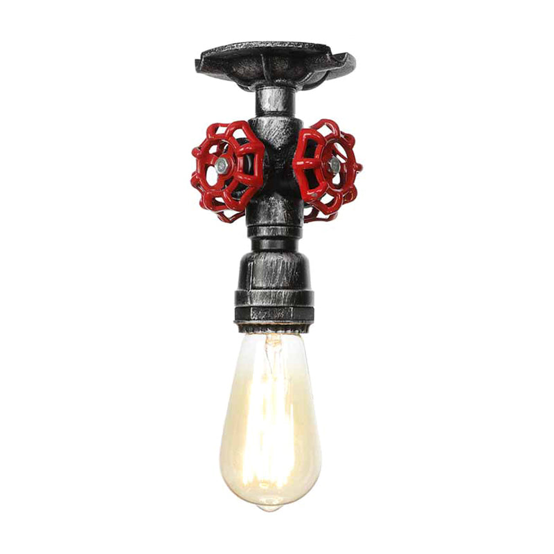 Industrial Style Exposed Bulb Semi Flush Mount Ceiling Light in Antique Bronze/Silver/Brass with Water Valve - 1 Light