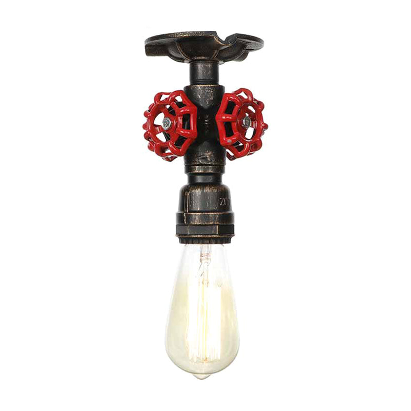 Industrial Style Exposed Bulb Semi Flush Mount Ceiling Light in Antique Bronze/Silver/Brass with Water Valve - 1 Light