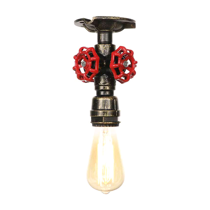 Industrial Style Exposed Bulb Semi Flush Mount Ceiling Light in Antique Bronze/Silver/Brass with Water Valve - 1 Light
