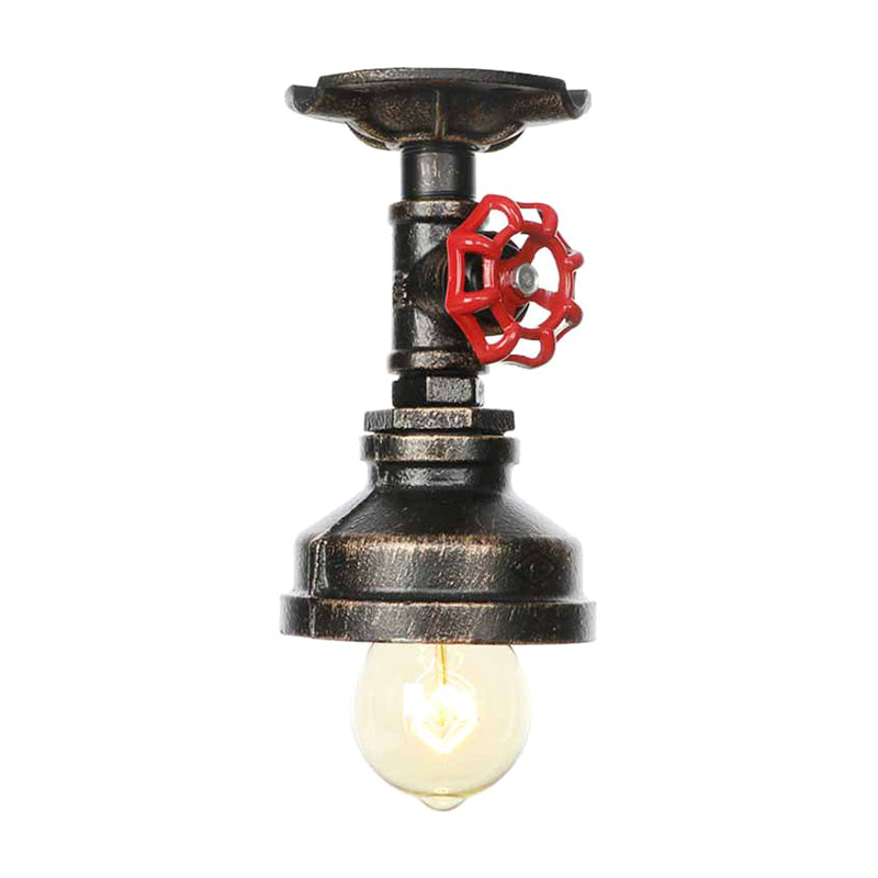 Industrial Style Exposed Bulb Semi Flush Mount Ceiling Light in Antique Bronze/Silver/Brass with Water Valve - 1 Light