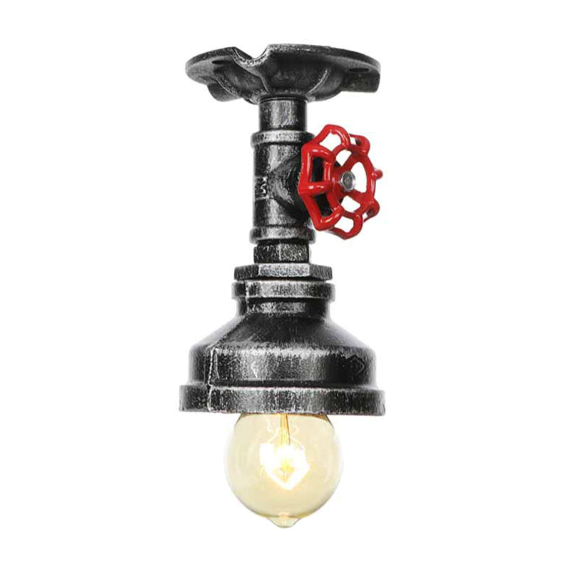 Industrial Style Exposed Bulb Semi Flush Mount Ceiling Light in Antique Bronze/Silver/Brass with Water Valve - 1 Light