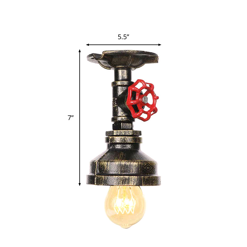 Industrial Style Exposed Bulb Semi Flush Mount Ceiling Light in Antique Bronze/Silver/Brass with Water Valve - 1 Light