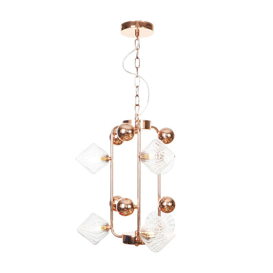 Vintage Diamond Chandelier with Ribbed Glass Shades - 6/8/10 Bulbs, Copper/Gold Finish, LED Pendant Lamp for Living Room