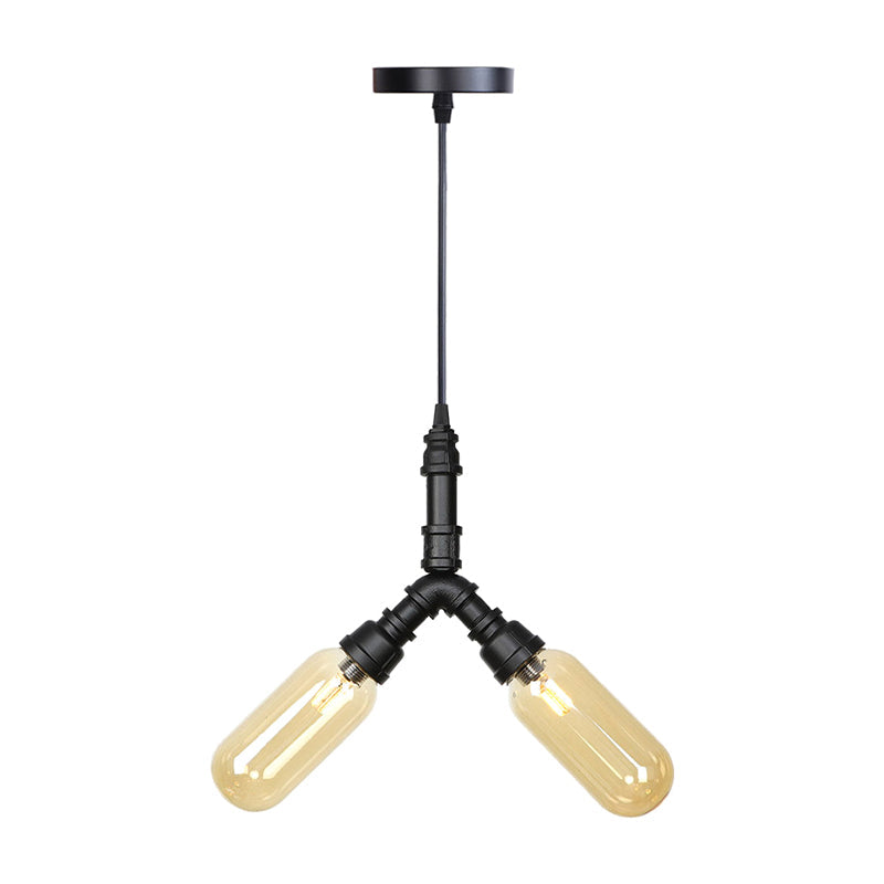 Lustre industriel suspendu en verre ambré/transparent avec lumières LED pour salle à manger - 2/3/4 têtes en finition noire