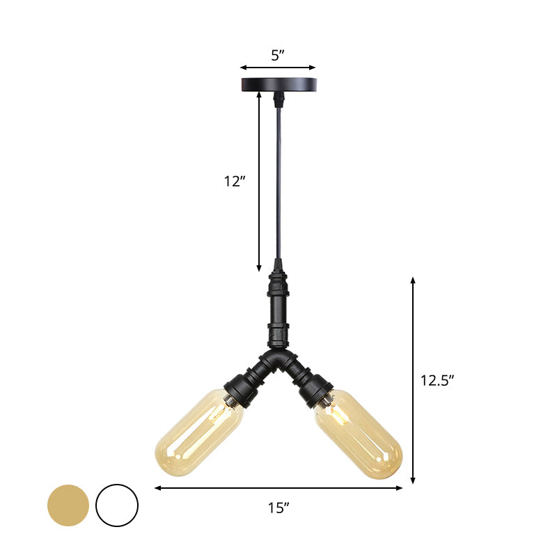 Lustre industriel suspendu en verre ambré/transparent avec lumières LED pour salle à manger - 2/3/4 têtes en finition noire