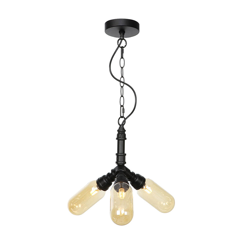 Lustre industriel suspendu en verre ambré/transparent avec lumières LED pour salle à manger - 2/3/4 têtes en finition noire