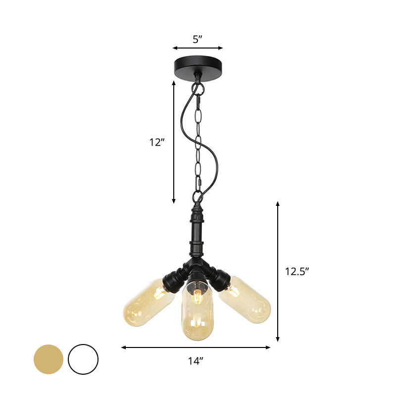 Lustre industriel suspendu en verre ambré/transparent avec lumières LED pour salle à manger - 2/3/4 têtes en finition noire
