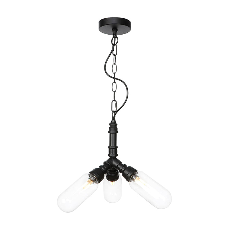 Lustre industriel suspendu en verre ambré/transparent avec lumières LED pour salle à manger - 2/3/4 têtes en finition noire