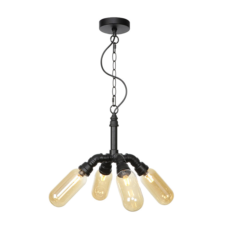 Lustre industriel suspendu en verre ambré/transparent avec lumières LED pour salle à manger - 2/3/4 têtes en finition noire
