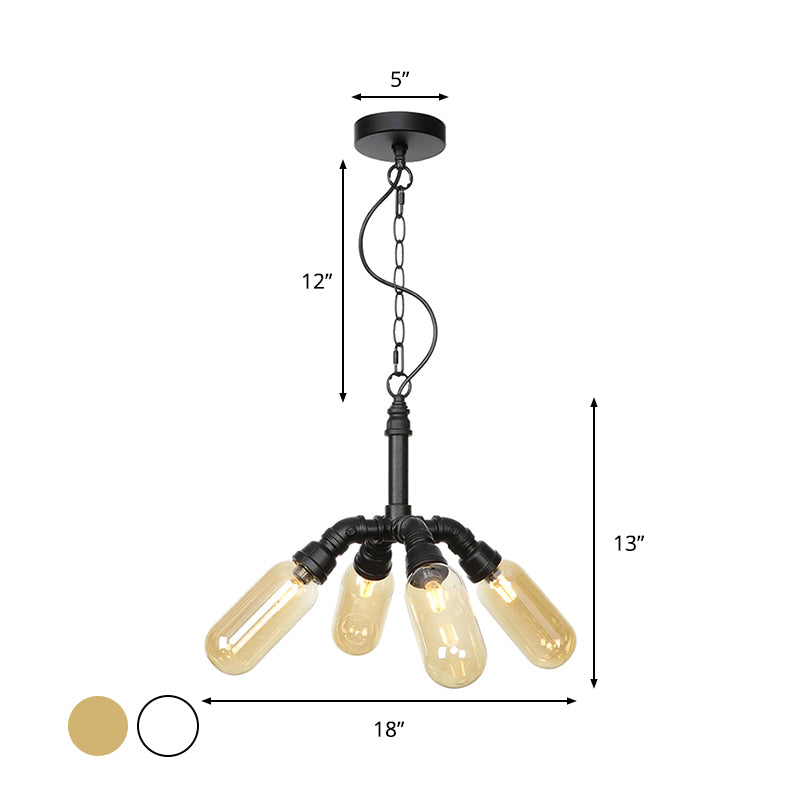 Lustre industriel suspendu en verre ambré/transparent avec lumières LED pour salle à manger - 2/3/4 têtes en finition noire