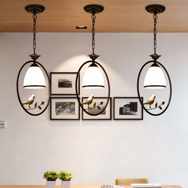 Rustic Bell White Glass Pendant Light With Bird Decoration 1-Bulb Metal Lamp In Black