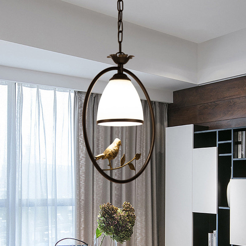 Rustic Bell White Glass Pendant Light With Bird Decoration 1-Bulb Metal Lamp In Black