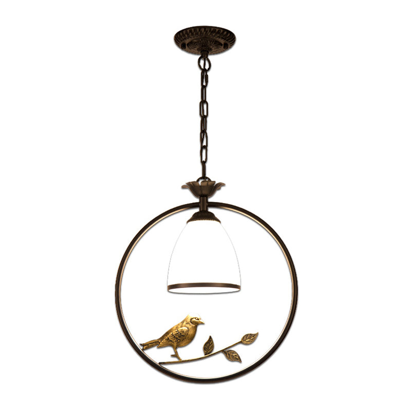 Rustic Bell White Glass Pendant Light With Bird Decoration 1-Bulb Metal Lamp In Black