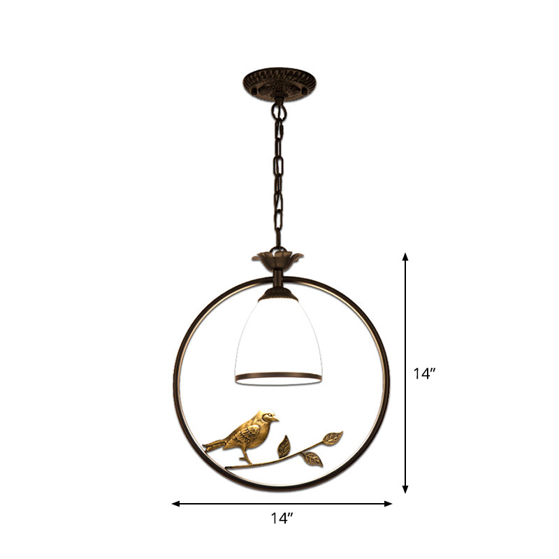 Rustic Bell White Glass Pendant Light With Bird Decoration 1-Bulb Metal Lamp In Black