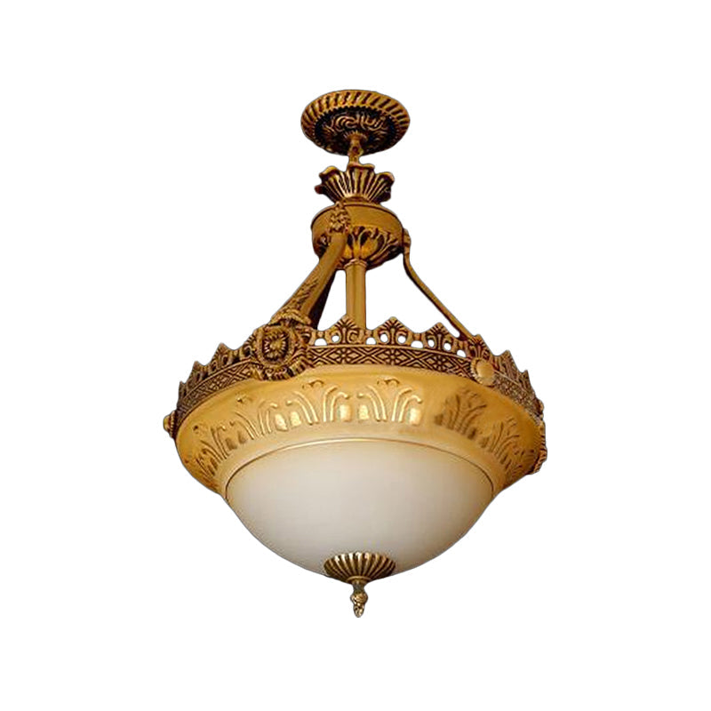 Rustic Beige & White Glass Bowl Terrace Chandelier - 3-Light Brass Pendant Lamp