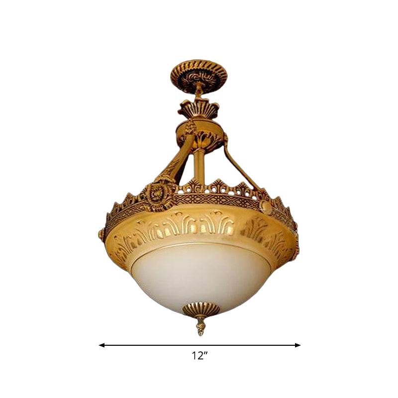 Rustic Beige & White Glass Bowl Terrace Chandelier - 3-Light Brass Pendant Lamp