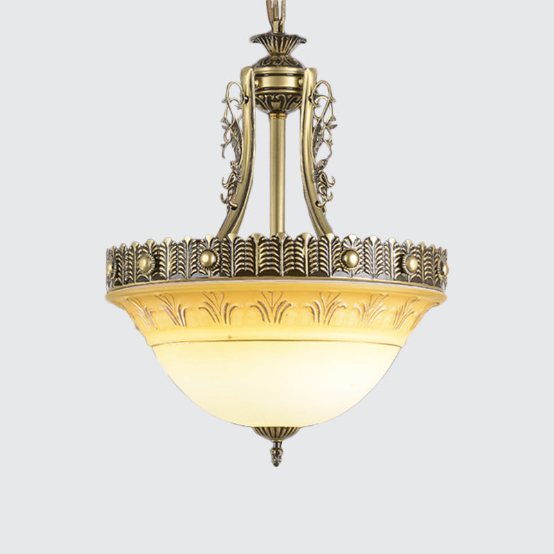 Rustic Beige & White Glass Bowl Terrace Chandelier - 3-Light Brass Pendant Lamp