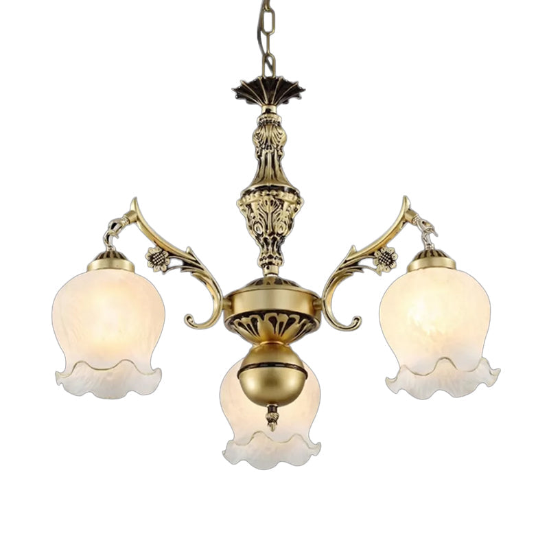 Antique Bronze Chandelier With 3 Rose Lights And Distressed White Cream Glass Suspension - Perfect