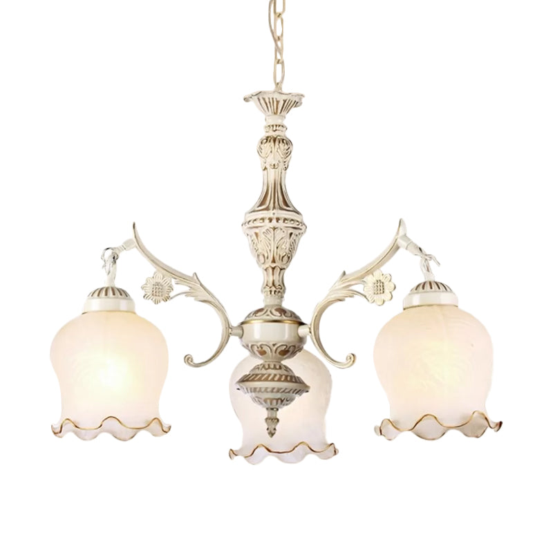 Antique Bronze Chandelier With 3 Rose Lights And Distressed White Cream Glass Suspension - Perfect