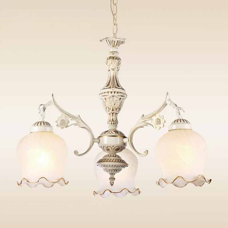 Antique Bronze Chandelier With 3 Rose Lights And Distressed White Cream Glass Suspension - Perfect