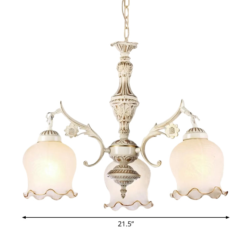 Antique Bronze Chandelier With 3 Rose Lights And Distressed White Cream Glass Suspension - Perfect
