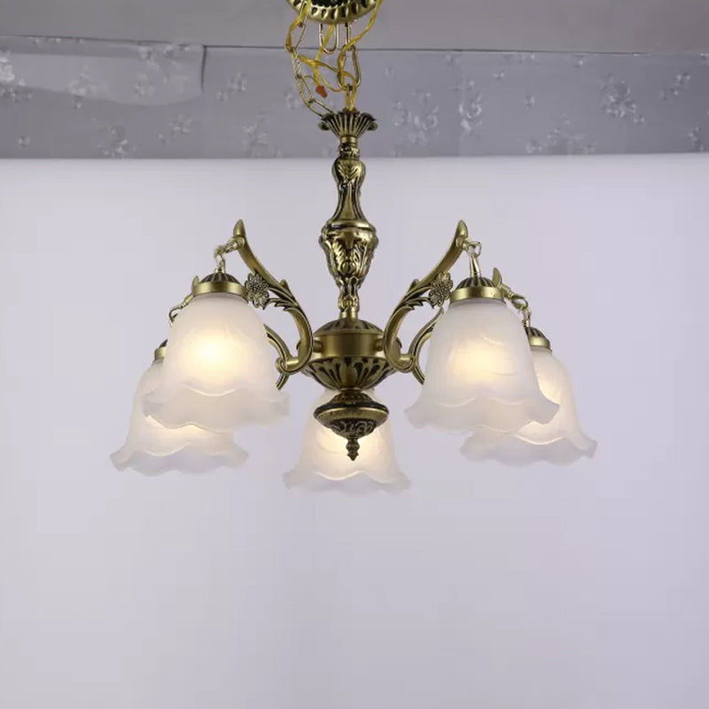 Vintage Bronze Floral Down Chandelier With Frosted Glass - 5-Bulb Dining Room Lamp
