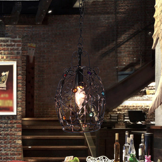 Rustic Iron Pendant Ceiling Light With Colorful Bead Decor - Barrel/Lantern/Scalloped Design Black /