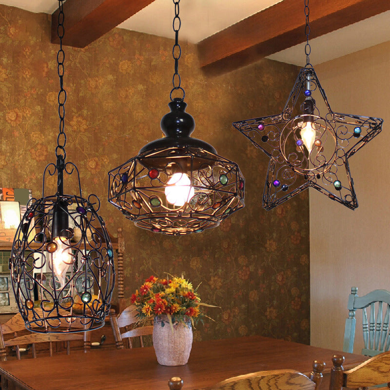 Rustic Iron Pendant Ceiling Light With Colorful Bead Decor - Barrel/Lantern/Scalloped Design