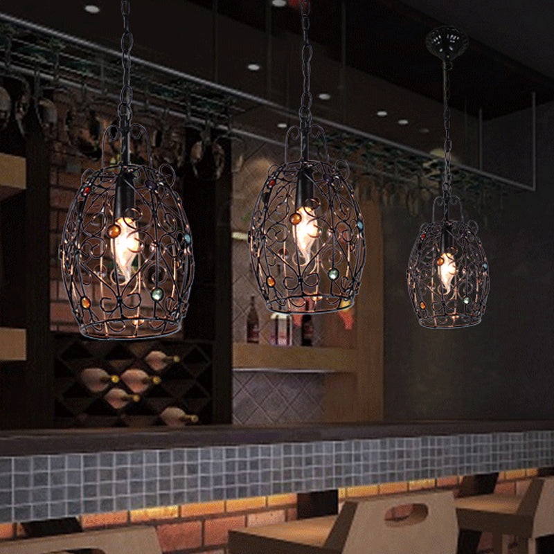 Rustic Iron Pendant Ceiling Light With Colorful Bead Decor - Barrel/Lantern/Scalloped Design