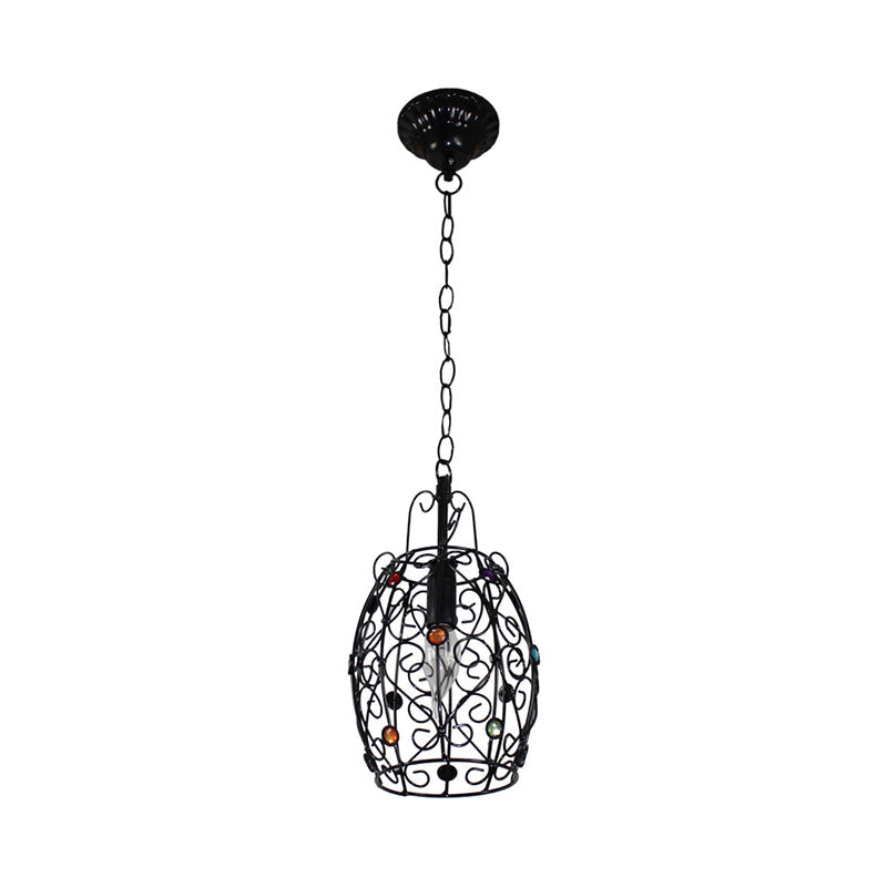 Rustic Iron Pendant Ceiling Light With Colorful Bead Decor - Barrel/Lantern/Scalloped Design