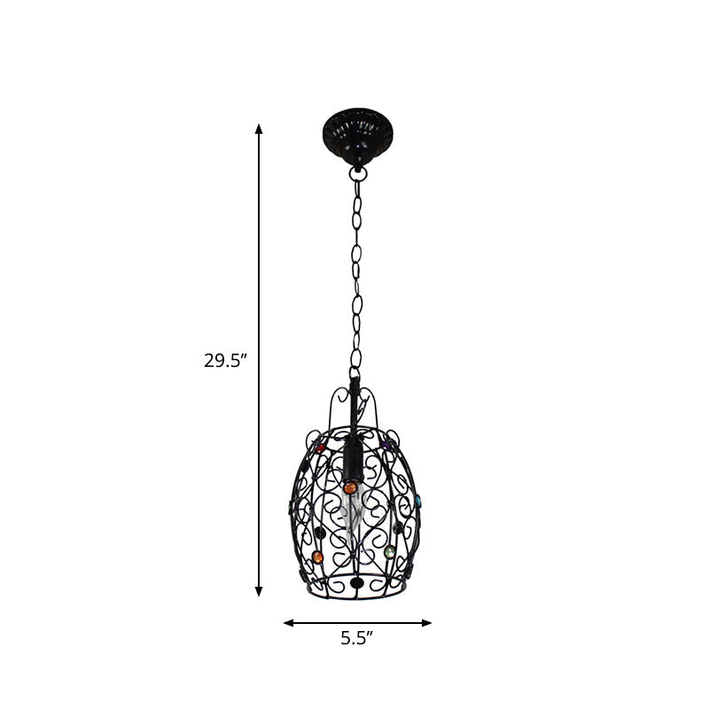 Rustic Iron Pendant Ceiling Light With Colorful Bead Decor - Barrel/Lantern/Scalloped Design