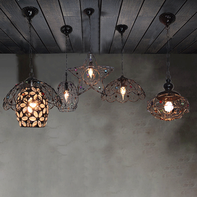 Rustic Iron Pendant Ceiling Light With Colorful Bead Decor - Barrel/Lantern/Scalloped Design