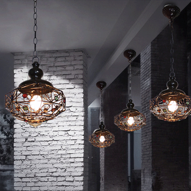 Rustic Iron Pendant Ceiling Light With Colorful Bead Decor - Barrel/Lantern/Scalloped Design